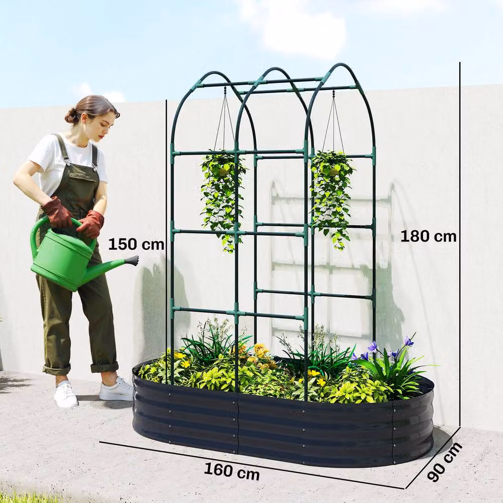 OUTSUNNY Galvanised Steel Raised Garden Bed with Trellis, Dark Grey, W: 152.4 cm, D: 91.44 cm, H: 182.88 cm – 2