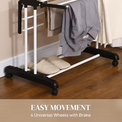 HOMCOM Foldable 4-Tier Steel Clothes Drying Rack with Wheels and Hooks, Black – 5