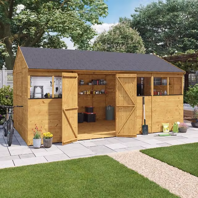 BillyOh Rustic Brown Wooden Reverse Apex Workshop with Windows, 16 x 10 ft