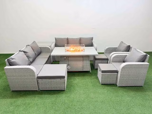 Fimous PE Rattan High Back Lounge Sofa Set with 3 Seater Sofa, Reclining Chair, 3 Stools, Side Table and Firepit Dining Table in Light Grey