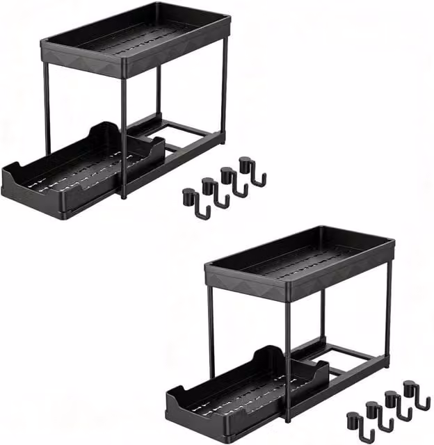 PAWNORA 2-Tier Sliding Pull-Out Cupboard Rack, 2-Set, Black