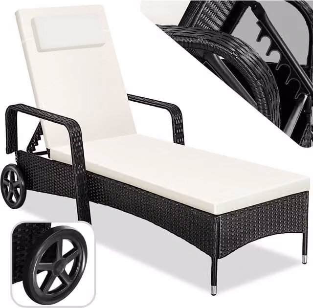 tectake Polyrattan Garden Sun Lounger with Adjustable Headrest and Castors in Black and Beige