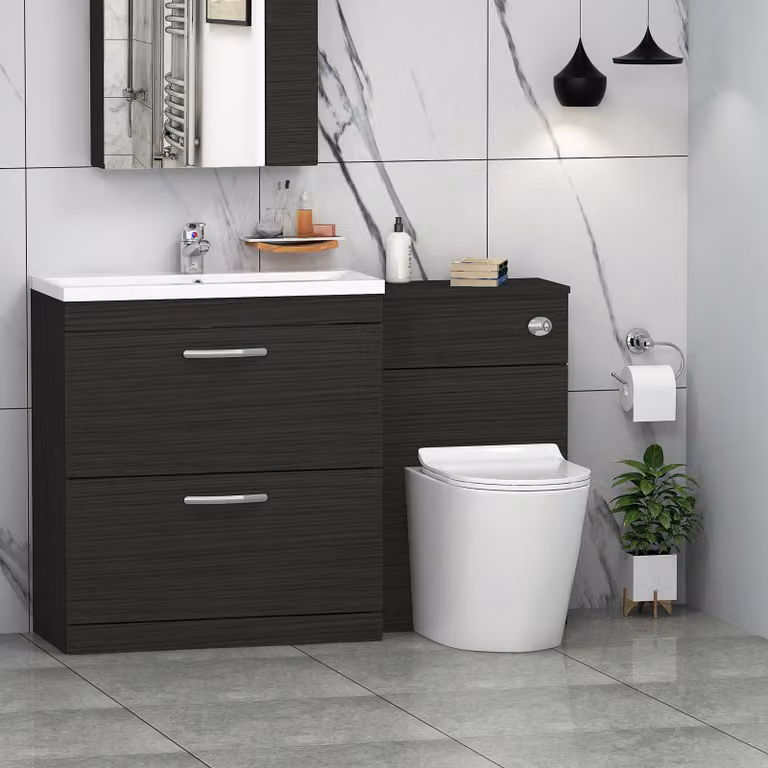 Royal Bathrooms Modern Turin 1300mm Hale Black 2-Drawer Mid-Edge Basin and Cesar Back to Wall Toilet Pack