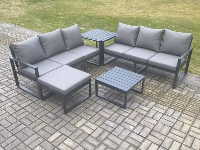 Fimous 7 Seater L-Shape Garden Furniture Set in Grey with Powder Coated Aluminium Frame, Cushions, Coffee Table and Ottoman