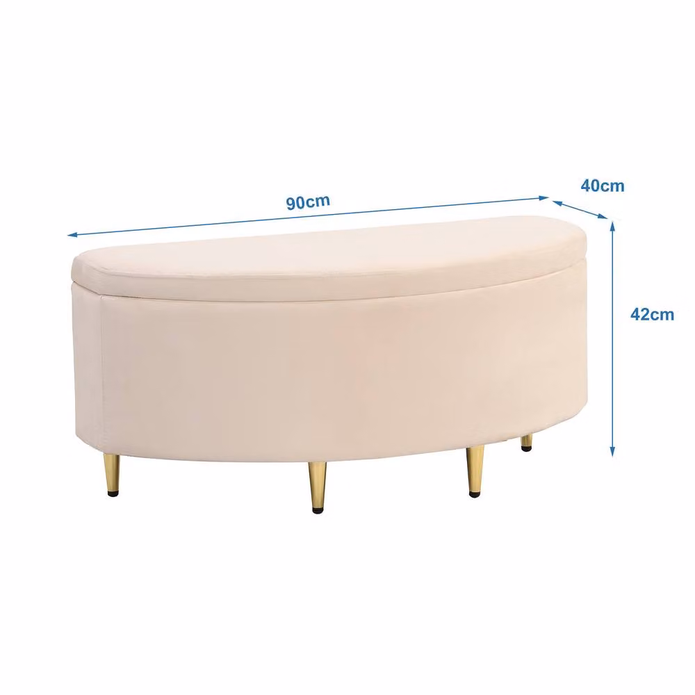 BTM Beige Velvet Upholstered Storage Bench with Metal Legs for Hallway or Living Room – 3