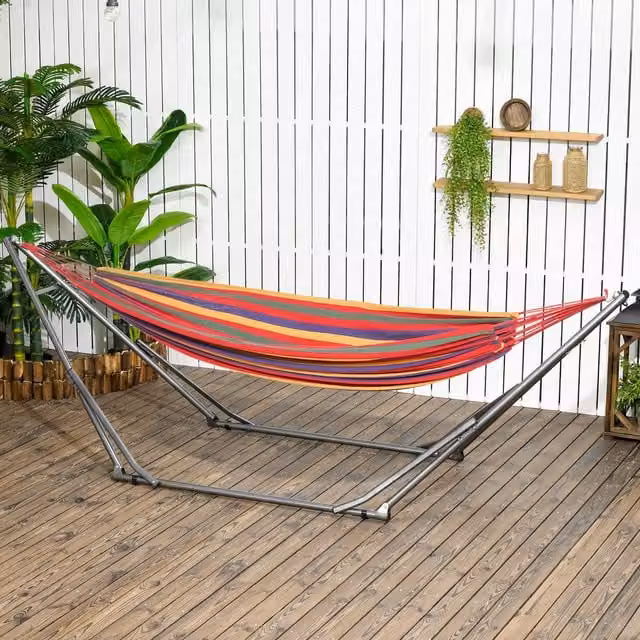 Outsunny 2 in 1 Foldable Hammock Stand with Striped Fabric in Black and Multicolour