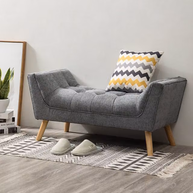 Livingandhome Mid-Century Grey Fabric and Velvet Chenille Bench with Beech Wood Legs