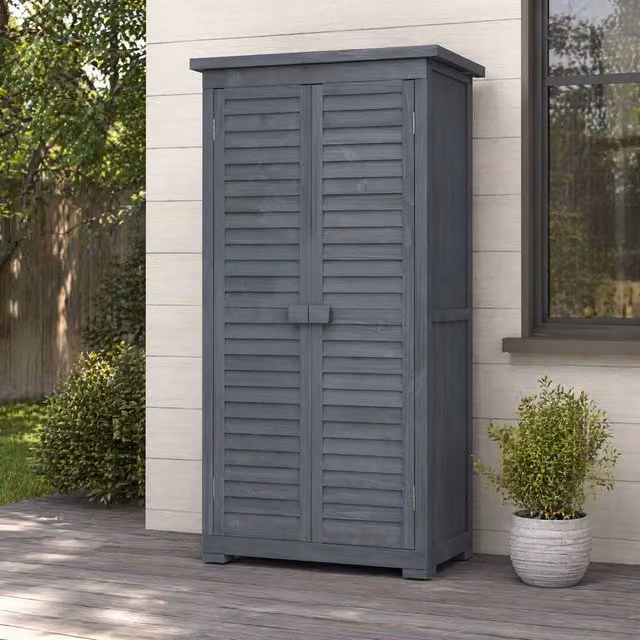 STILVORA Grey Wooden Garden Shed with Shelving and Double Doors, W/D/H: 87.0 x 46.5 x 160.0 cm