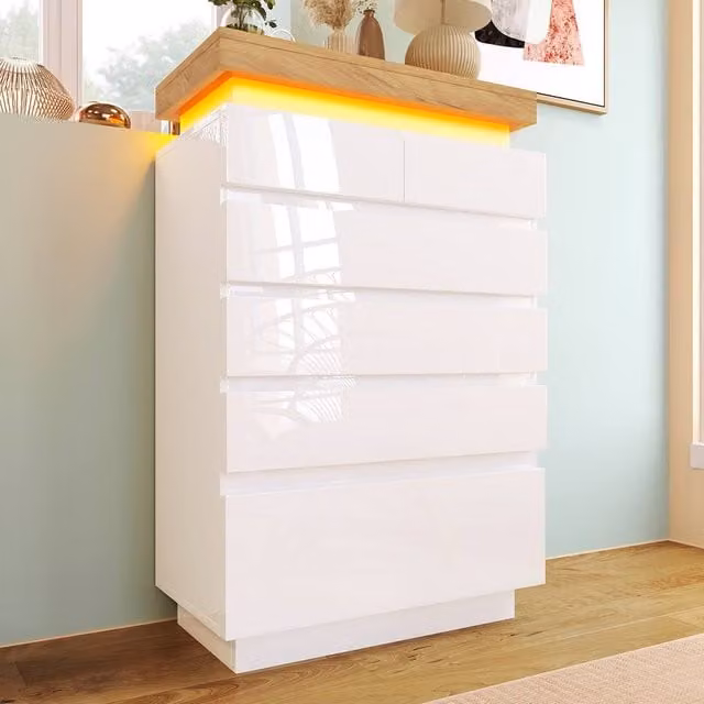 STILVORA Modern 6 Drawer Chest of Drawers with Integrated LED Lighting in White Gloss