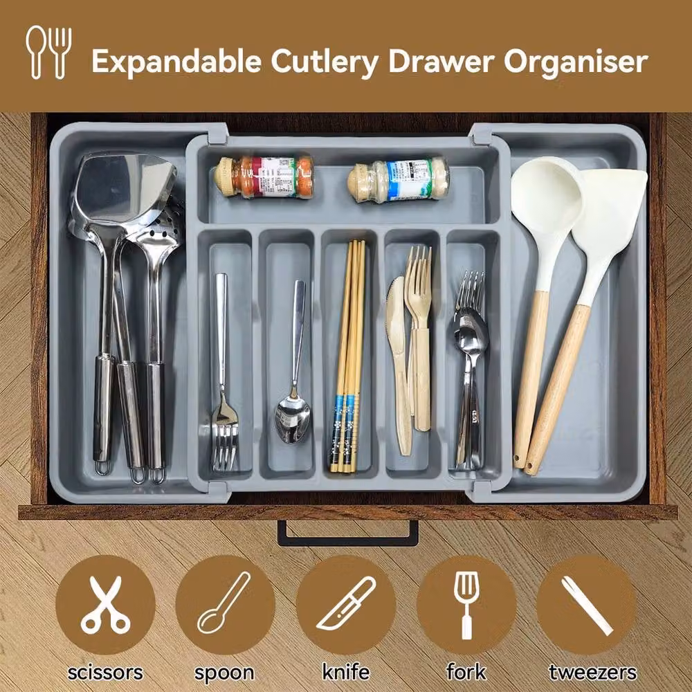 PAWNORA Expandable Grey Plastic Cutlery Tray for Kitchen Storage – 3