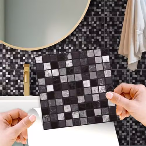 WALPLUS Marquina Metallic Black and White Marble Tile Stickers, 24 Pack, W/D/H: 15 x 15 x 0.54 cm