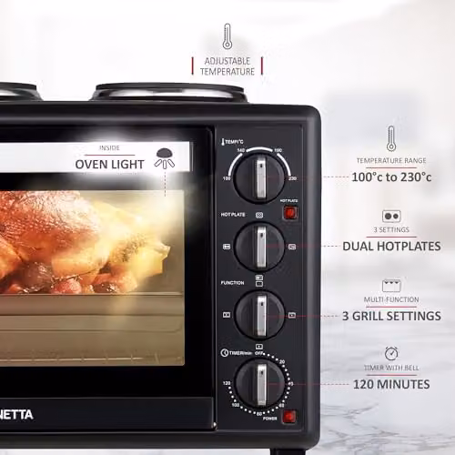 NETTA 35L Mini Oven with Double Hotplate and Electric Grill in Black and Silver, 2500W Countertop Cooker with 230°C Temperature Control and Timer – 3