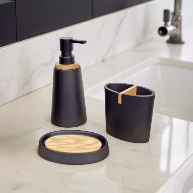 Showerdrape Sonata 3 Piece Black and Bamboo Bathroom Accessory Set including Soap Dish, Soap Dispenser and Toothbrush Holder – 1
