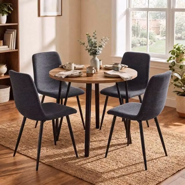 FWStyle Round Oak Dining Table Set with 4 Grey Linen Chairs in Brown, Diameter: 90 cm – 1