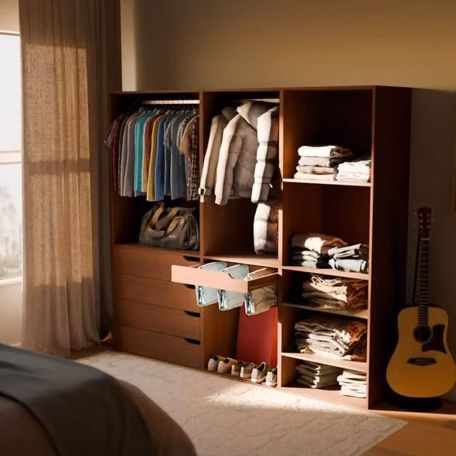 sweeek Modular Dressing Kit with 3 Elements in Dark Brown and White, featuring Integrated Drawers and a Trouser Rack, W/D/H: 200 x 45 x 180 cm – 1