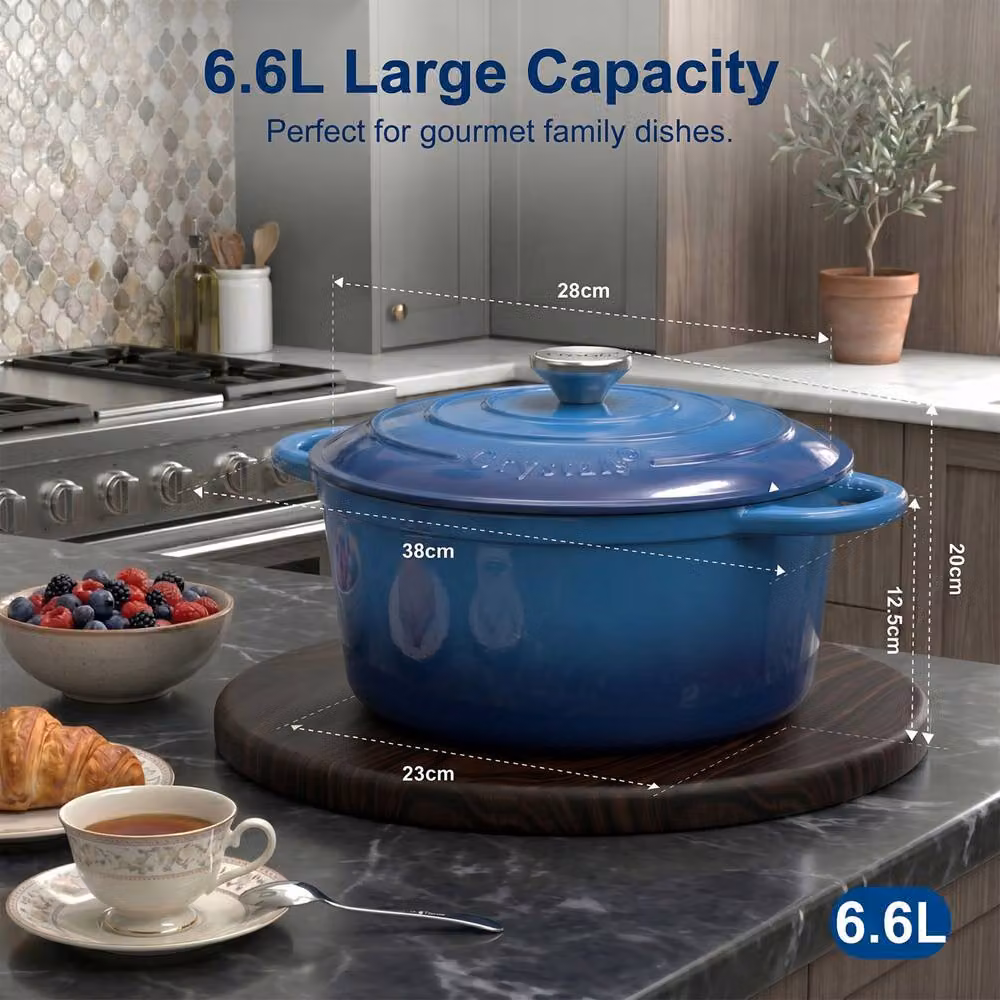 Crystals Enamelled Cast Iron Dutch Oven Stew Pot with Lid, Blue, 6.6 l – 7