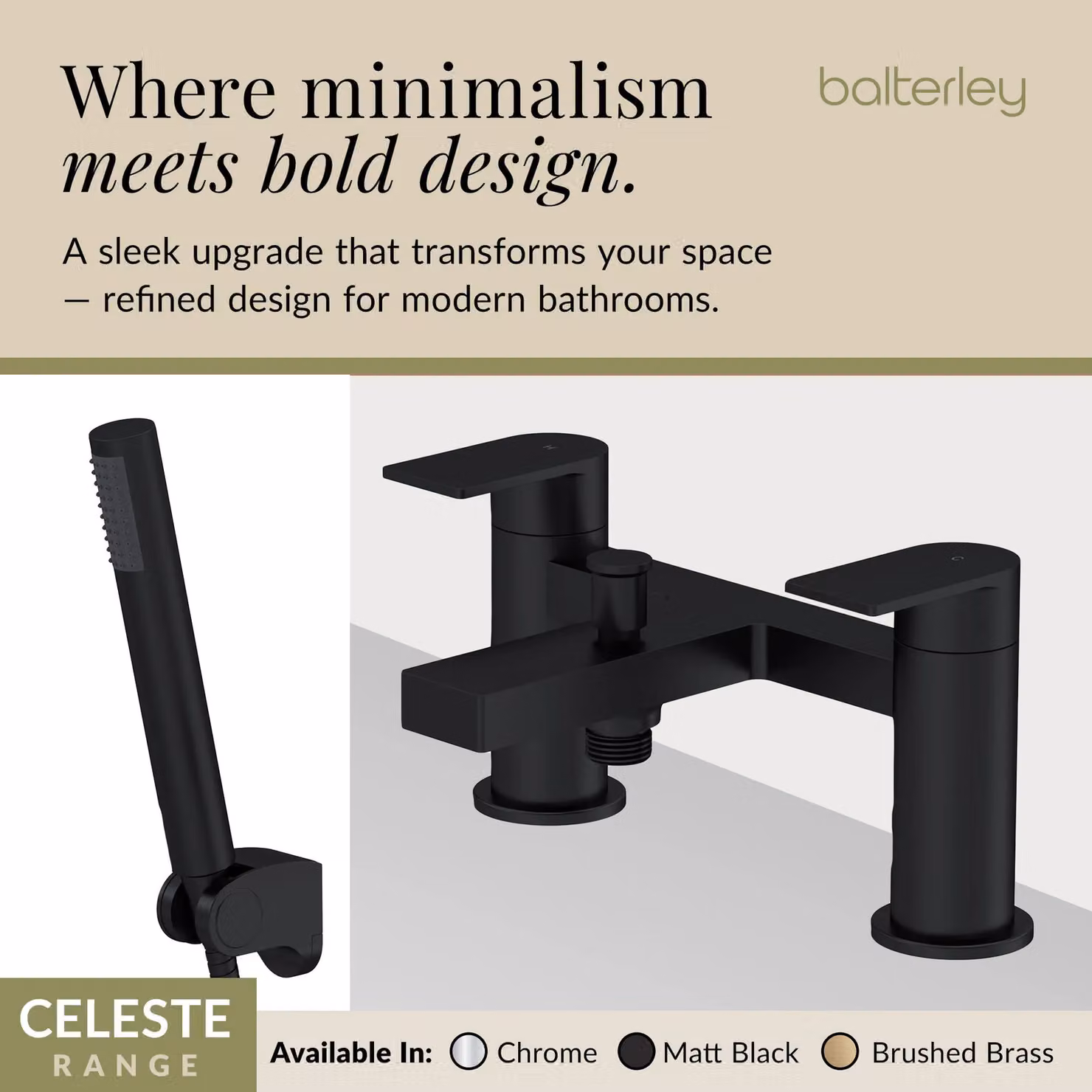 Balterley Contemporary Bath Shower Mixer Tap with Shower Kit in Matt Black – 3