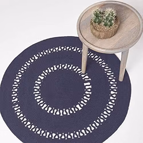 HOMESCAPES Navy Blue Round Crochet Rug, Handwoven Braided Cotton Mat, Diameter: 90 cm – 2