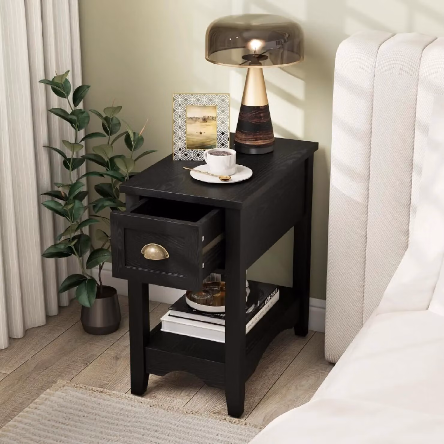 Gymax Retro Side Table and Nightstand with 1 Drawer and Solid Wood Legs in Black – 2
