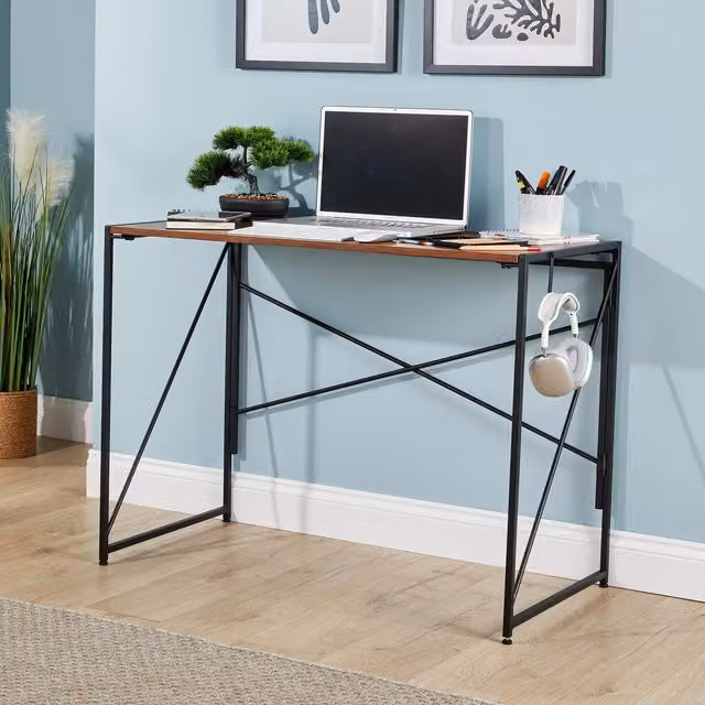 Home Source Folding Compact Computer Desk in Dark Brown with Wood and Metal Construction