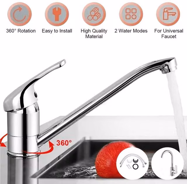 PAWNORA Silver Chrome Brass Kitchen Sink Mixer Tap with Single Lever and Swivel Spout