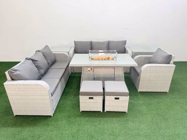 Fimous 9 Seater Poly Rattan Outdoor Garden Furniture Set with Firepit Dining Table, 3 Seater Sofa, Reclining Chairs and Stools in Grey