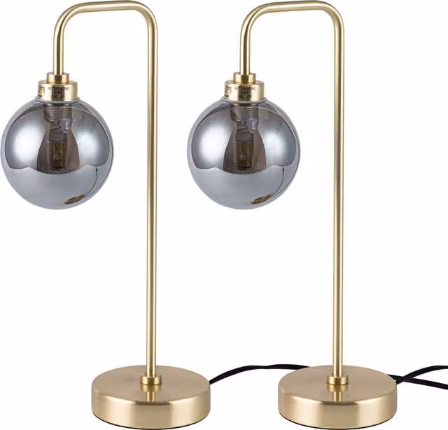 First Choice Lighting Set of 2 Toner Table Lamps with Satin Brass and Smoked Grey Glass