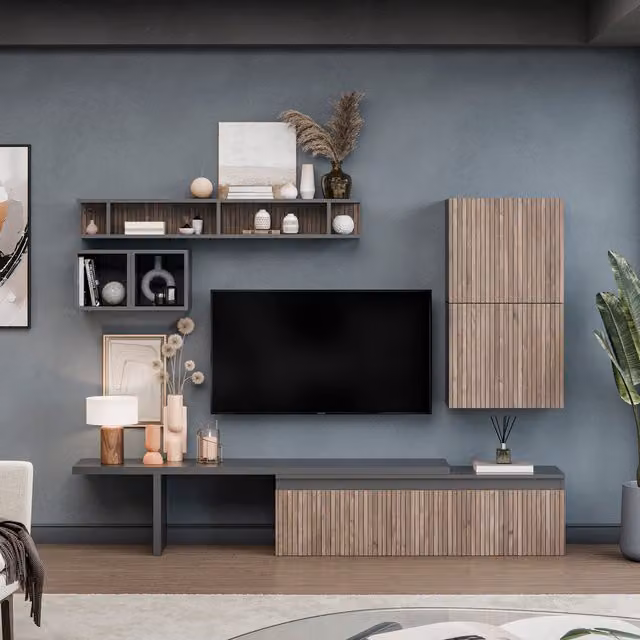 Decorotika Bergen Wall Mounted Entertainment Center in Black with Geometric Alina Pattern