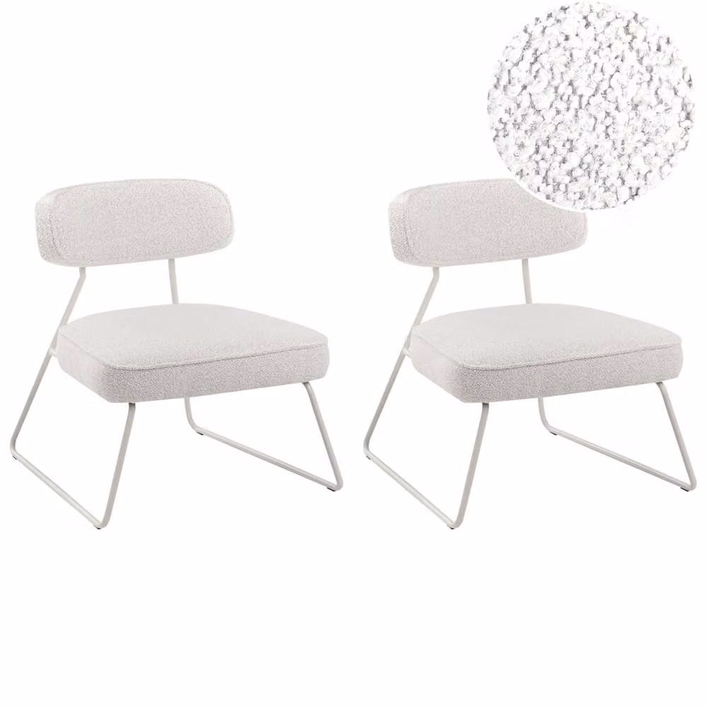 Wyld and Coco Set of 2 Off-White Bouclé Armless Armchairs with White Metal Legs – 2