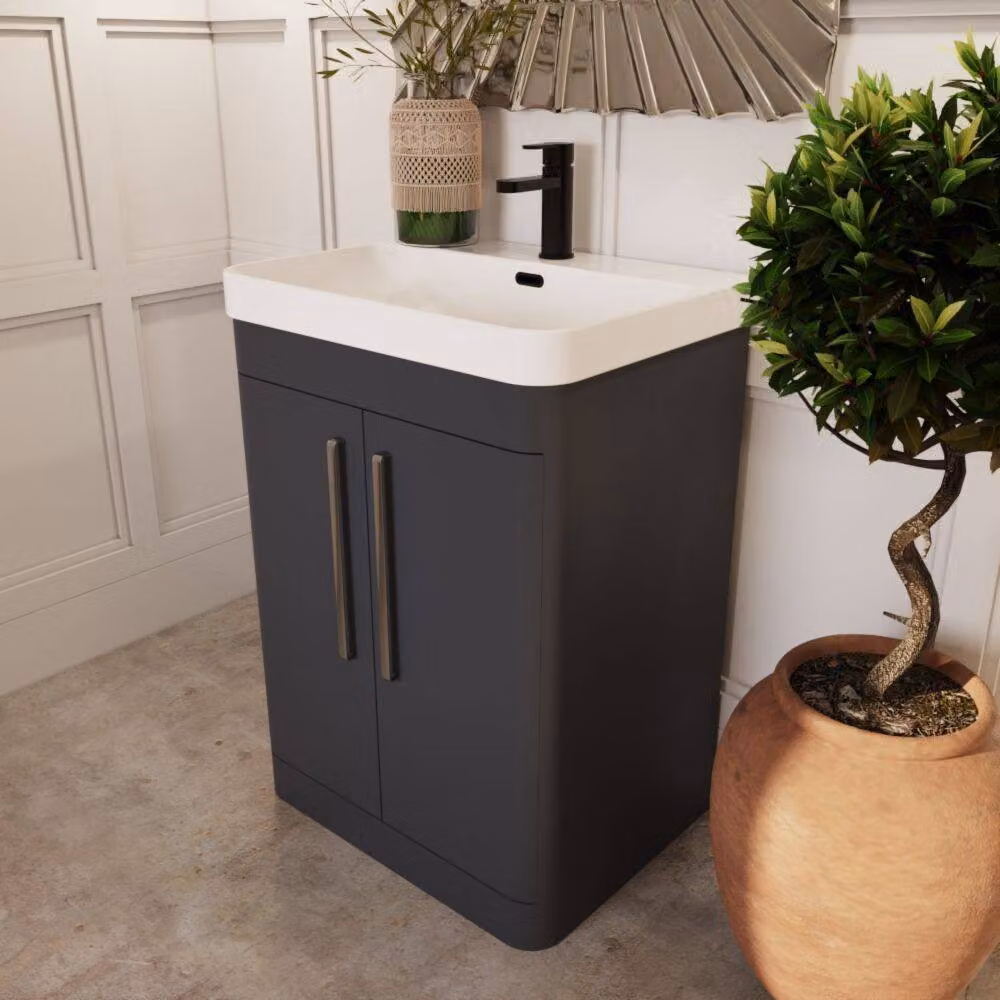 Balterley Wave 600mm Floor Standing 2 Door Bathroom Vanity Unit with Thin-Edge Ceramic Basin in Matt Dark Grey – 3