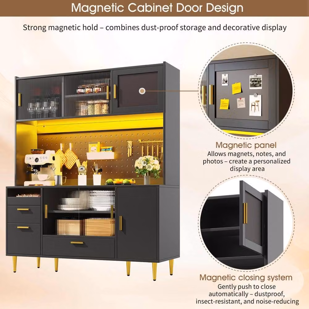 STILVORA Modern Tall Storage Cabinet in Black with Integrated LED Lighting and Sliding Glass Doors – 6