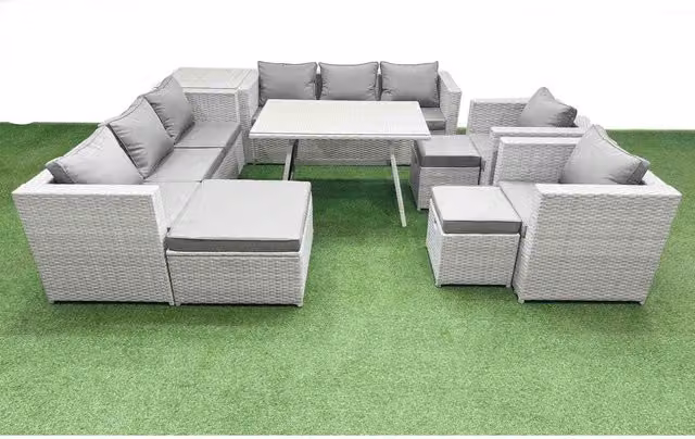 Fimous 11-Seater PE Rattan Garden Sofa and Dining Set with Tempered Glass Table in Light Grey