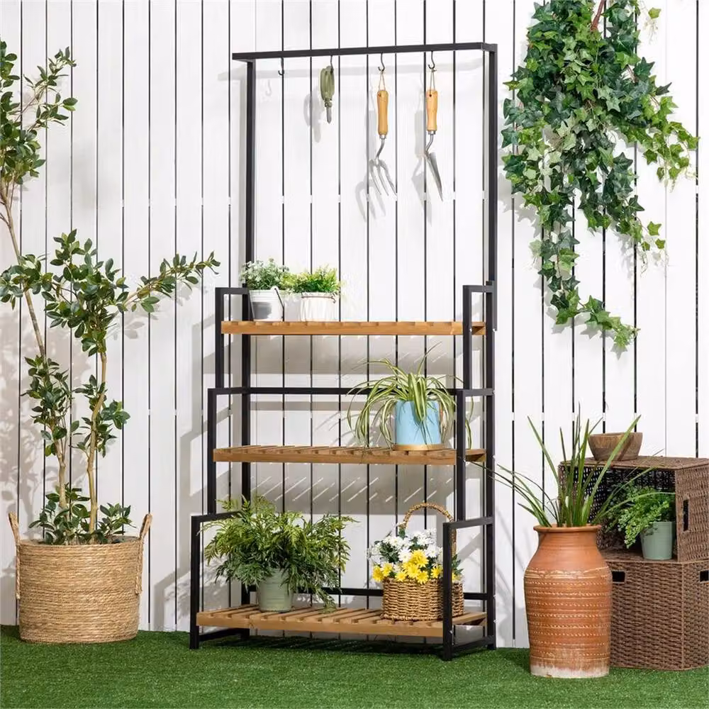 Nordara 3 Tiered Industrial Plant Stand Rack with Hanging Hooks in Brown, W/D/H: 36 x 36 x 174 cm – 2