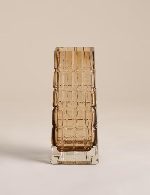 M&S Modern Rectangular Textured Tinted Glass Tabletop Vase in Brown