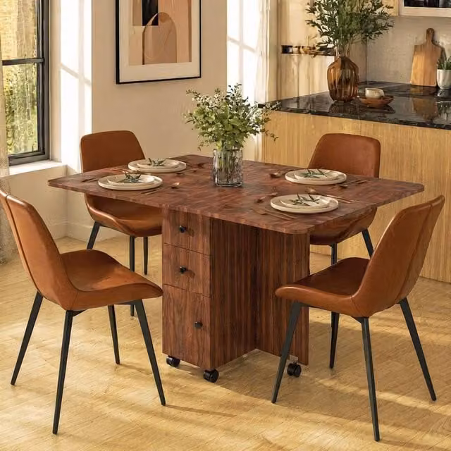 STILVORA Modern Brown Drop Leaf Dining Table with Storage and Castors – 1