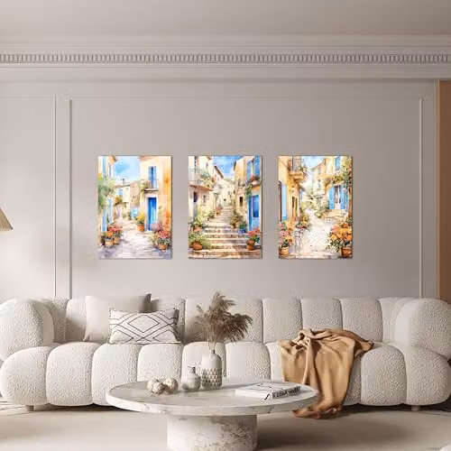 Simpa Tuscany Village 3 Panel Canvas Wall Art, Multicolour and Gold Rustic Landscape Illustration – 3