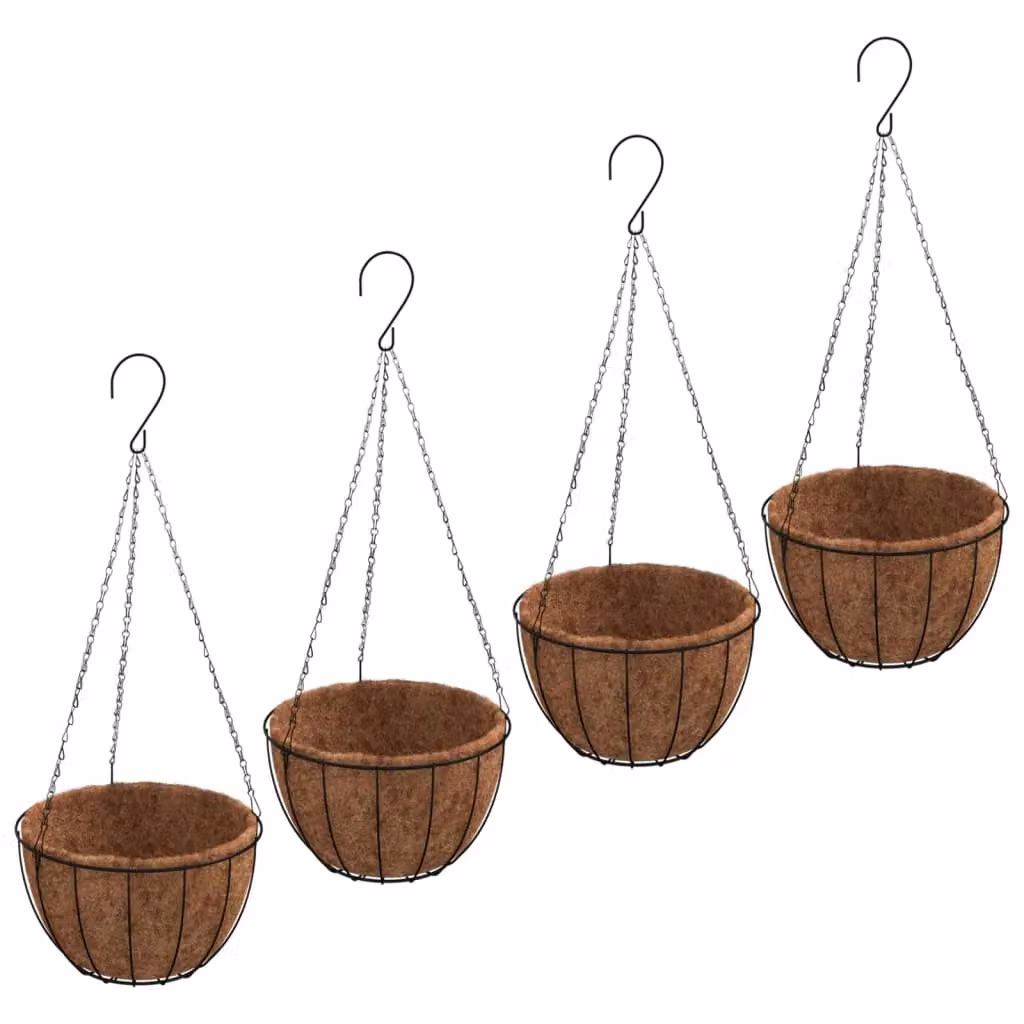 Berkfield Home Set of 4 Black Steel Hanging Planters with Coco Liners, W: 40 cm, H: 63 cm – 2