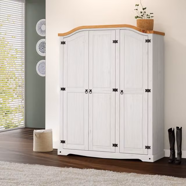 Mercers Furniture Corona 3 Door Arch Top Wardrobe in Distressed White Waxed Solid Pine, W/D/H: 149 x 51 x 190 cm