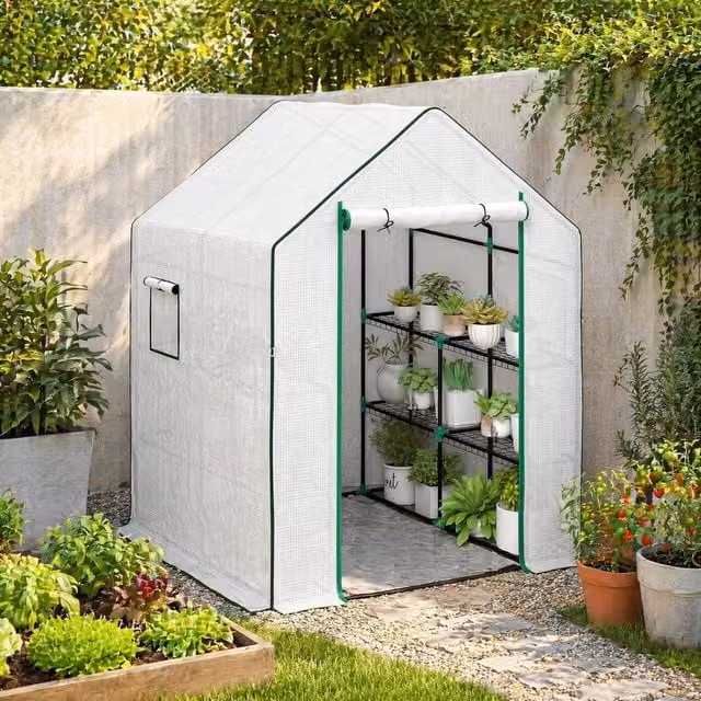 STILVORA White Walk-In Greenhouse with Shelving and Mesh Windows, W/D/H: 140 x 143 x 190 cm – 1