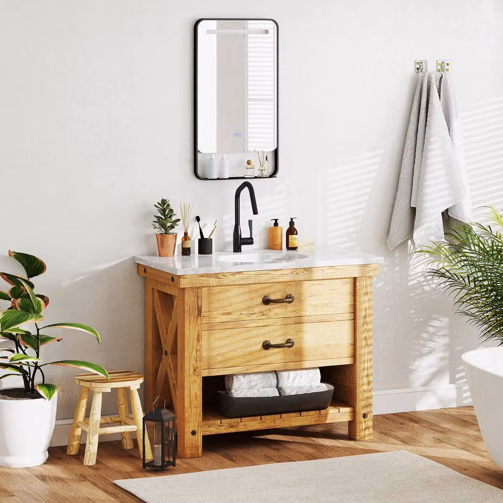 Gymax Black Aluminum Bathroom Vanity Mirror with LED and Shelf, W: 88 cm, H: 50 cm – 3