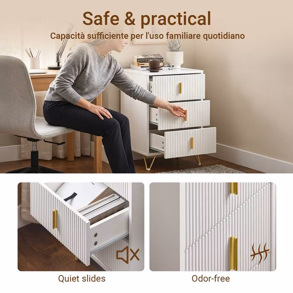 SoBuy 3 Drawer Bedside Table with Ribbed Front and Gold Handles in White – 3