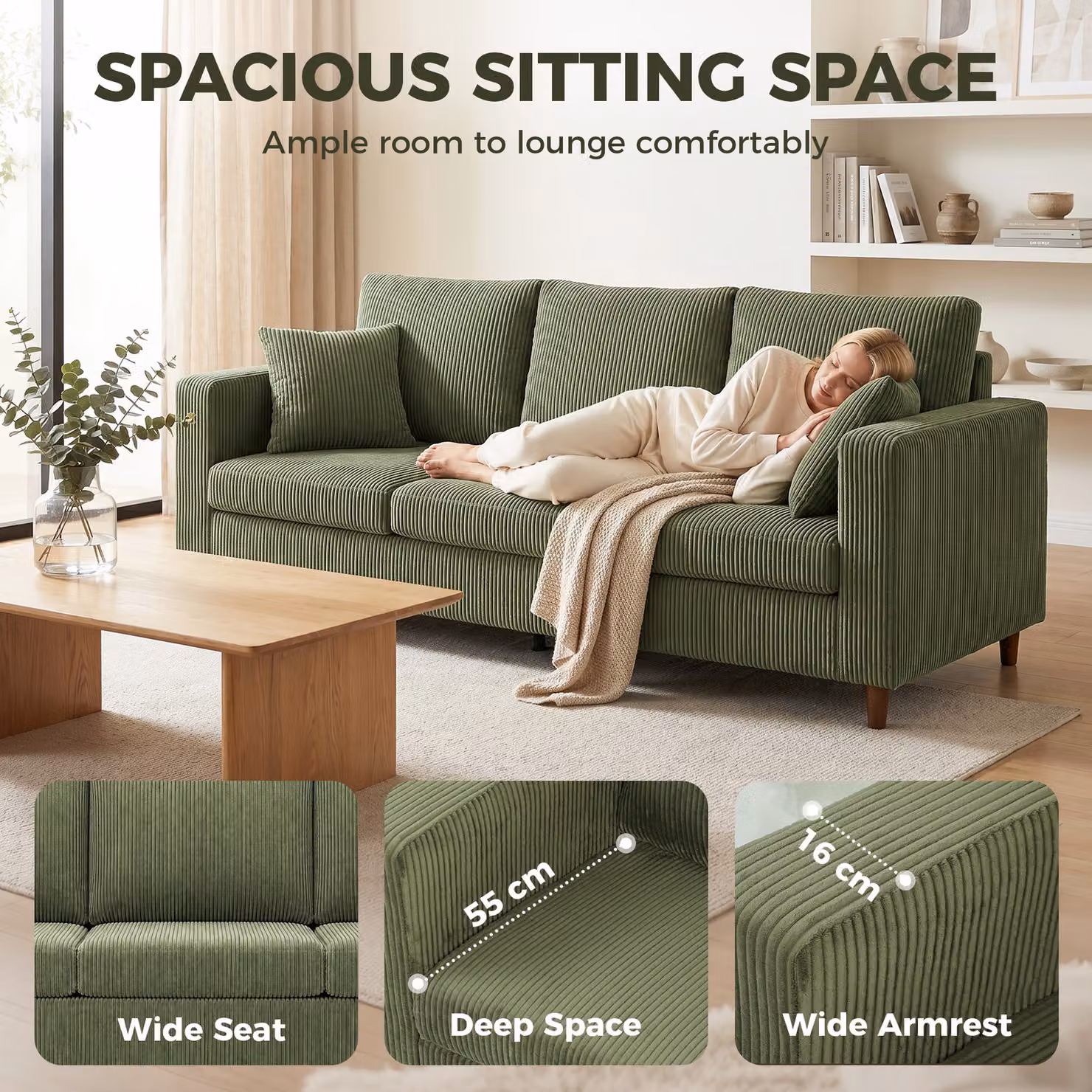 HOMCOM 3 Seater Corduroy Fabric Sofa in Green with Deep Seats and Scatter Cushions – 3