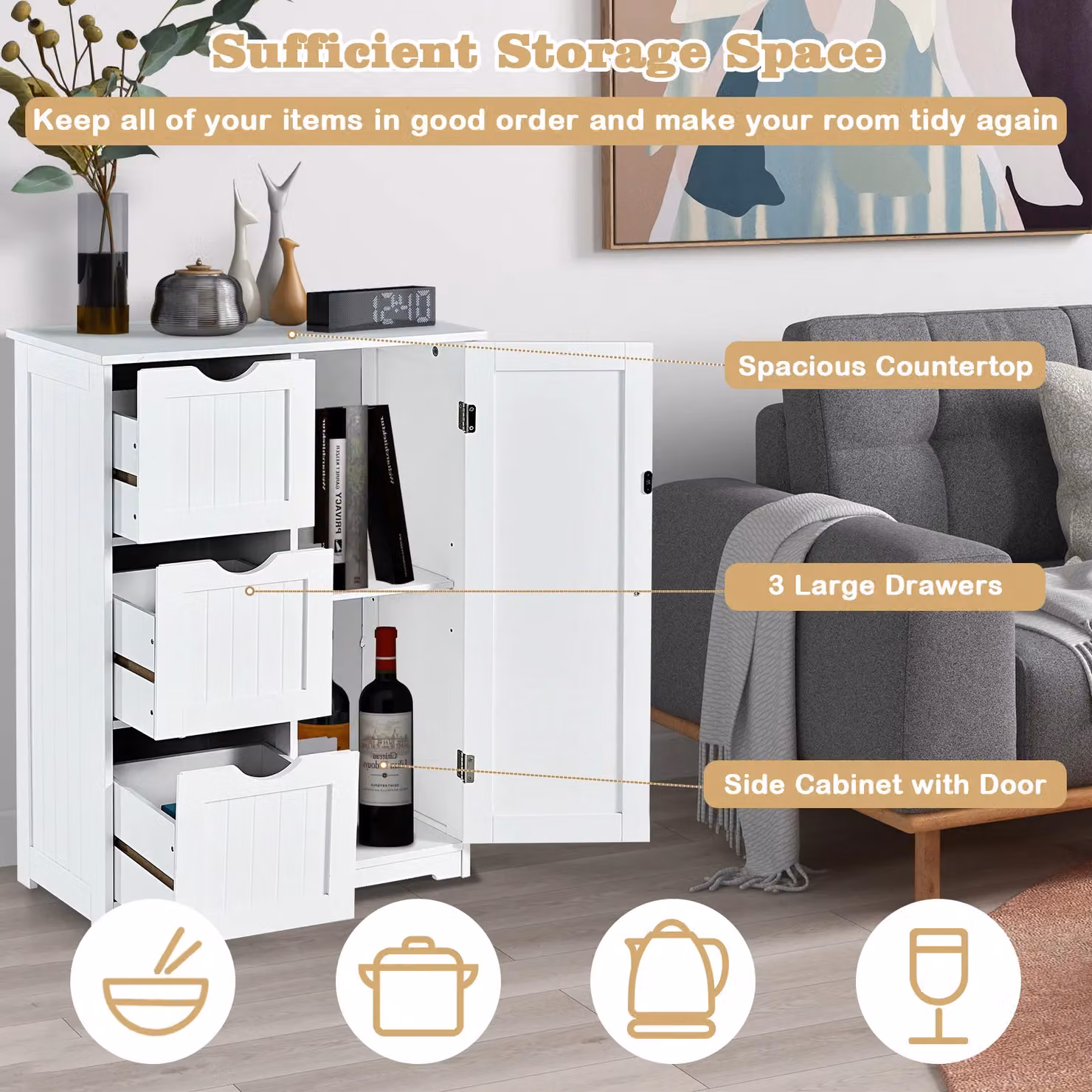 Costway White Freestanding Bathroom Floor Cabinet with 3 Drawers and Adjustable Shelves – 3