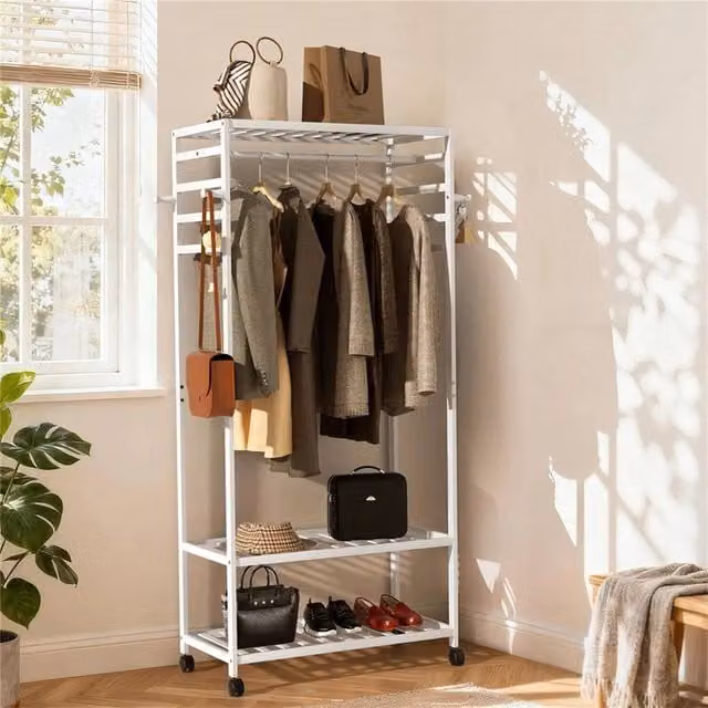 Kelvenix Minimalist Bamboo Rolling Clothes Stand and Hanging Garment Rail in White – 1