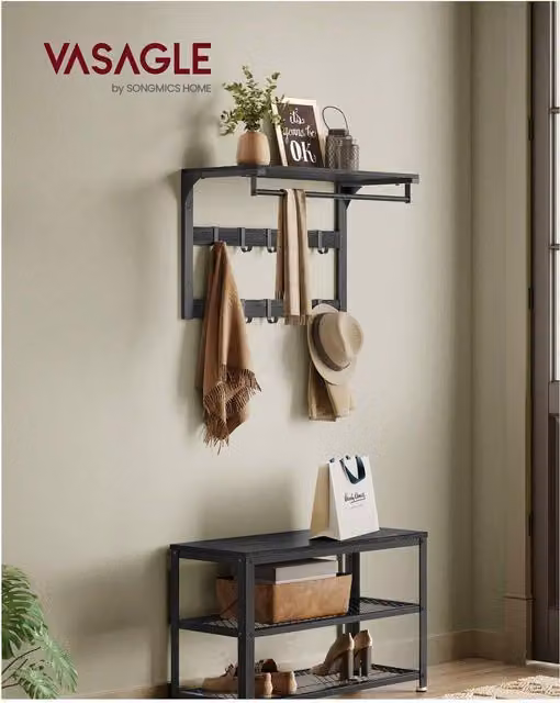 VASAGLE Industrial Wall-Mounted Coat Rack with Shelf, Black and Brown