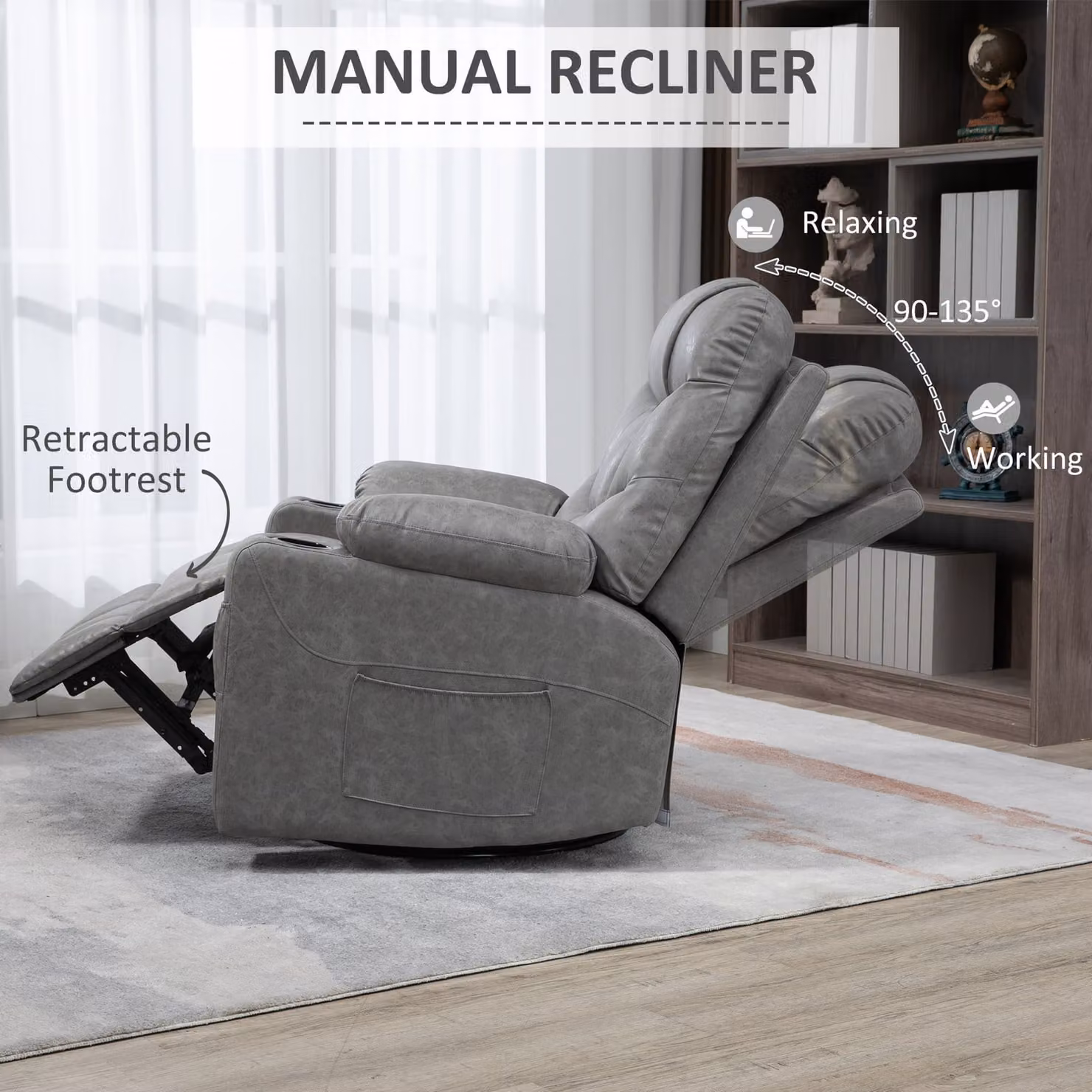 HOMCOM Manual Reclining Armchair in Grey Faux Leather with Footrest and Cup Holders, H 102 x W 86 x D 93 cm – 4