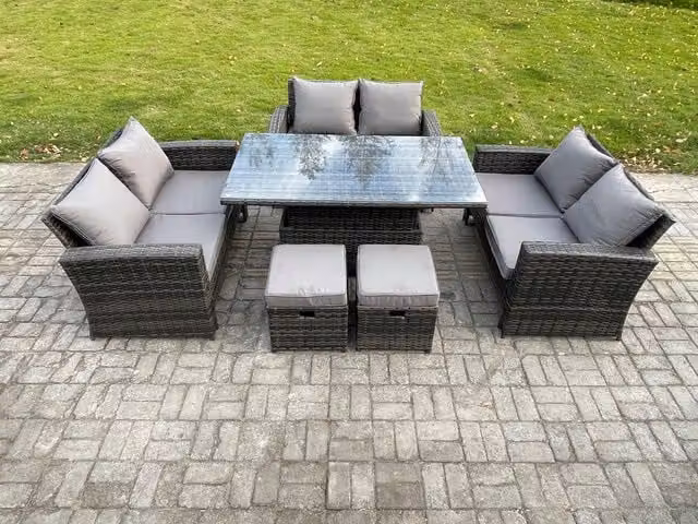 Fimous Wicker PE Rattan Garden Furniture Set with Height Adjustable Rising Lifting Table and Double Seat Sofa in Dark Grey