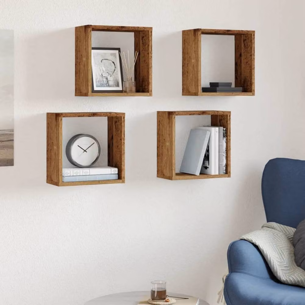 Berkfield Home Set of 4 Wall Mounted Cube Shelves in Old Wood Brown, W/D/H: 30 x 15 x 30 cm – 3