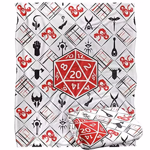 Hasbro Dungeons & Dragons D20 Pattern Fleece Blanket, White and Multicolour, W/D/H: 152 x 127 cm