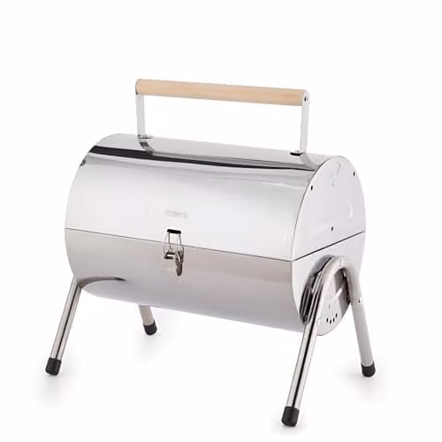 Tower Portable Barrel Charcoal Tabletop Grill in Silver and Black with Stainless Steel and Wooden Carry Handle, W/D/H: 41.5 x 24.5 x 35.0 cm